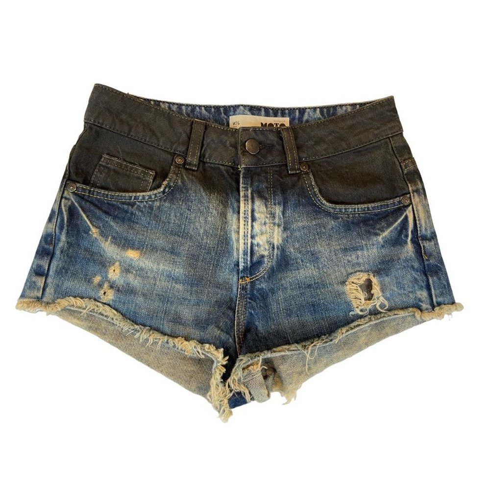 Topshop Moto Womens Cut Off Jeans Shorts Distressed Raw Hem Blue Black Size W26